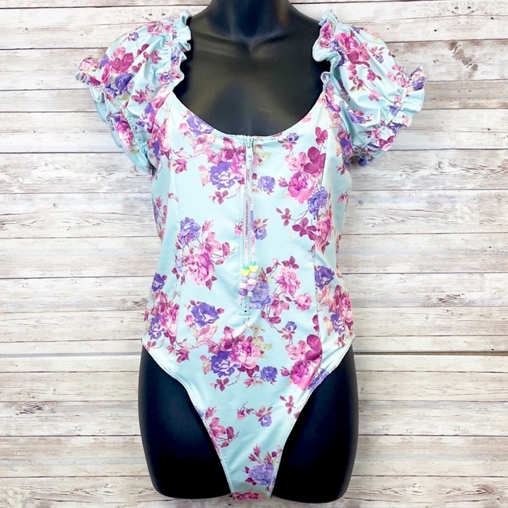 LoveShackFancy One-Piece Swimsuit Fantasia Floral Turquoise Skies